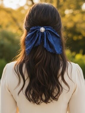 Elegant Vintage Navy Blue Hair Bow With Cameo Style Detail And Scalloped Lace